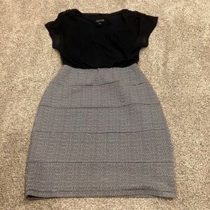 Petite Black Sheath Dress Grey Tiered Skirt Sheer Flutter Sleeve 6P Officecore